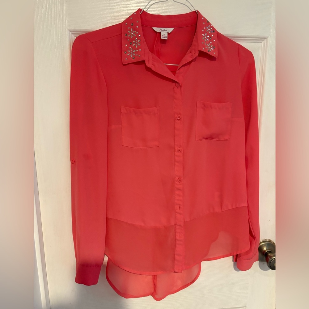 Candie's Coral Button-Down Shirt with Embellished Collar